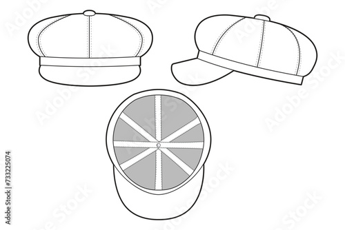 newsboy cap Hat Technical Drawing Illustration Blank Streetwear Mock-up Template for Design and Tech Packs CAD