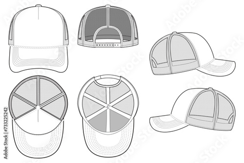 Rope Trucker Hat Snapback Technical Drawing Illustration Blank Streetwear Mock-up Template for Design and Tech Packs CAD Strap Mesh	