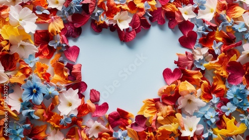 heart shaped spring flowers on blue background 