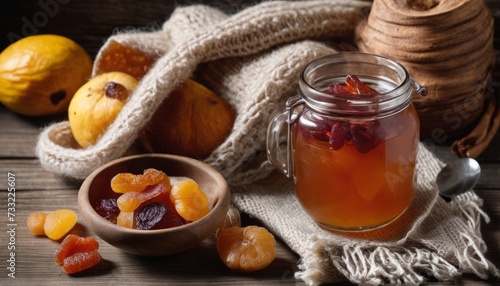 A jar of fruit preserves with a spoon in it