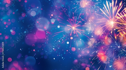 Colorful fireworks on a blue background, New Year's banner, background for Christmas