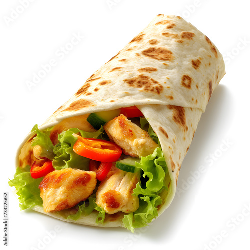 Tortilla wrap with fried chicken meat and vegetables isolated on white background, close up