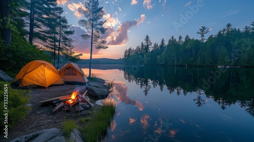 Capture the tranquility of a lakeside campsite: calm waters reflecting the sky, a crackling campfire, tents nestled among trees, inviting viewers to immerse themselves in the serenity of nature