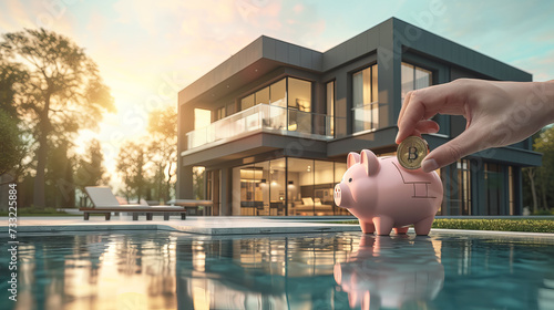 Pink piggy bank against the background of an expensive villa and a swimming pool. Real estate purchase and insurance concept