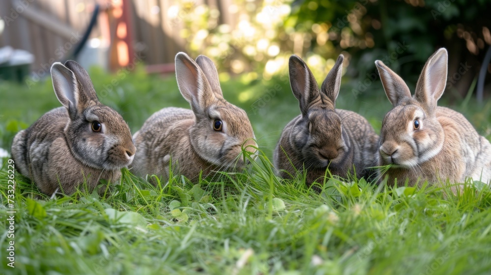 Obraz premium Cute rabbits nibbling on fresh green grass, their fluffy tails twitching with contentment