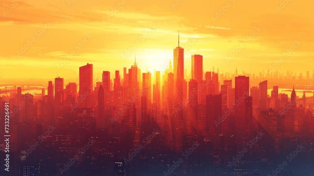 Paint a modern city skyline at sunset: sleek skyscrapers silhouetted against a warm sky, bustling streets below, capturing urban energy Paint a modern city skyline at sunset: sleek skyscrapers silhouetted against a warm sky, bustling streets below, capturing urban energy