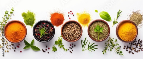 Various spices on white background