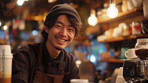 Capture the contentment of a barista: cozy cafe ambiance, the aroma of freshly brewed coffee, a smile on the face of the lone barista as they prepare beverages with care