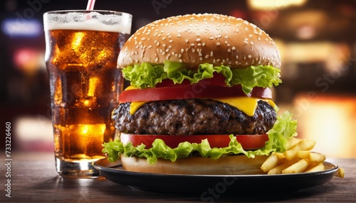 A large hamburger with lettuce and tomato slices, accompanied by a glass of beer