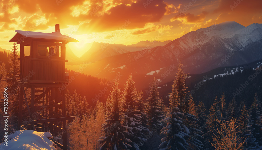 The keeper of a fire lookout tower is observing a gorgeous, stunning sunset over the pinewood forest and tall snowy mountains in the background. Concept about the environment and nature.