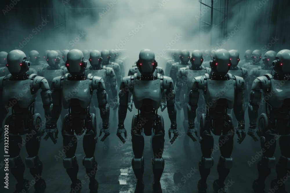 robot assembly or group of cyborgs in factory robot assembly or group of cyborgs in factory