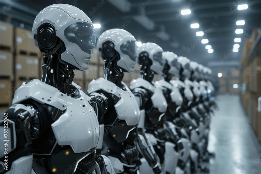 robot assembly or group of cyborgs in factory robot assembly or group of cyborgs in factory