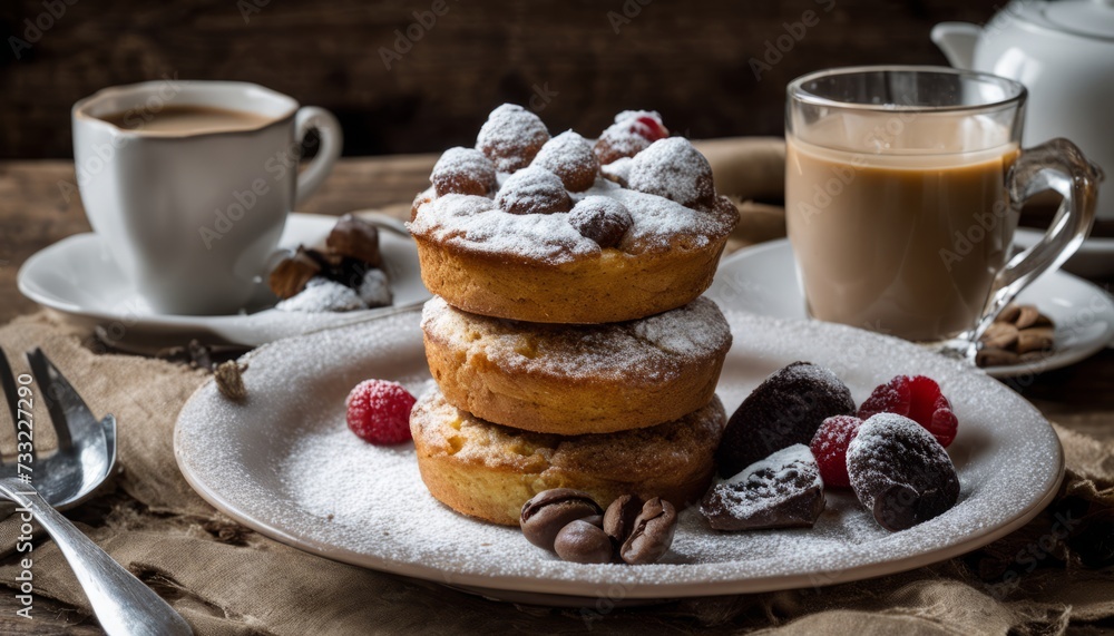 A stack of powdered donuts with raspberries on a plate A stack of powdered donuts with raspberries on a plate