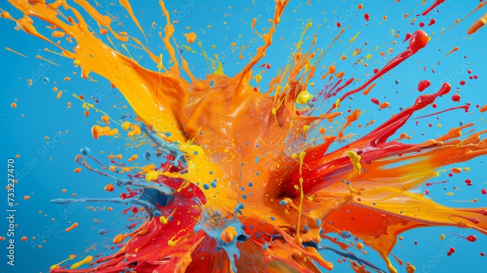 Colorful paint splash. Vibrant color combination. Abstract artwork expression on blue background. Liquid explosion in visual dynamism style