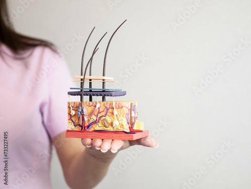 Obraz na plátně A model of the structure of human skin on a woman's palm with a place for text