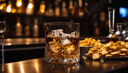 A glass of whiskey with ice and a plate of crackers