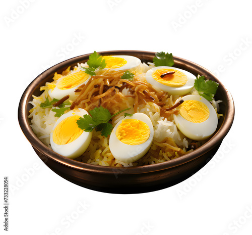 Anda biryani or egg biryani served in handi or plate on transparent background.