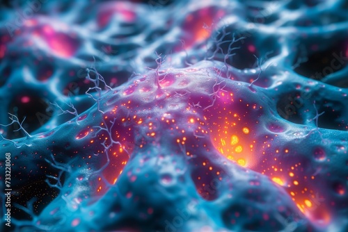 Conceptual illustration of neuron cells with glowing link knots in abstract dark space,