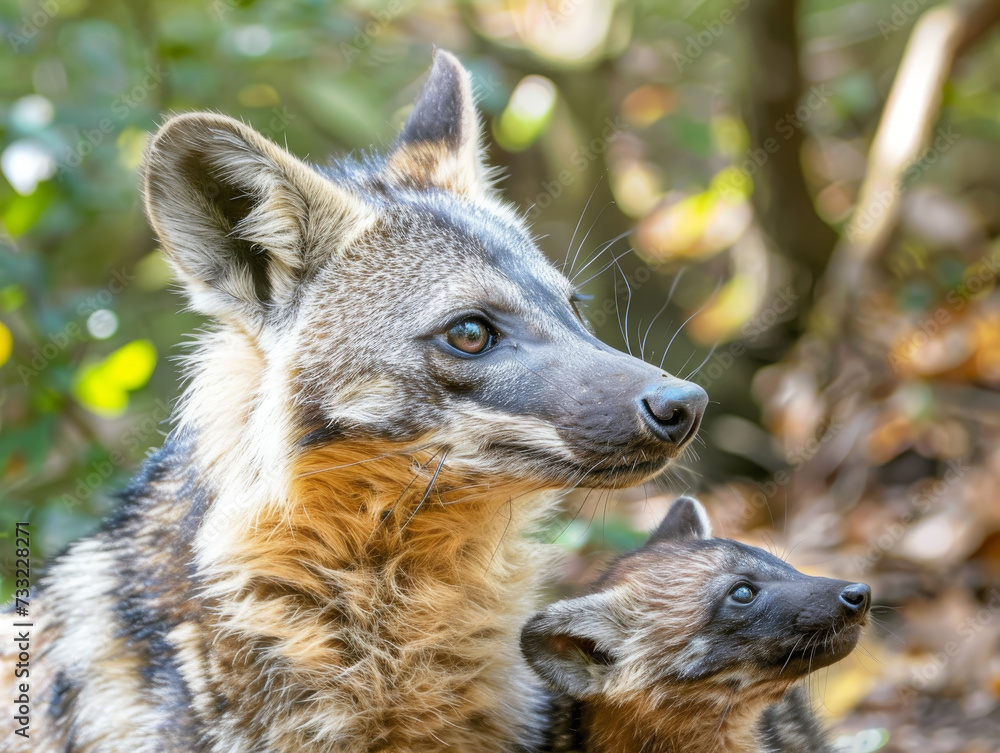 Obraz premium A protective aardwolf mother resting with her pup in a burrow, surrounded by greenery.