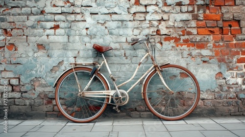 Retro bicycle leaning against a brick wall, symbolizing a slower pace of life and simpler times photo