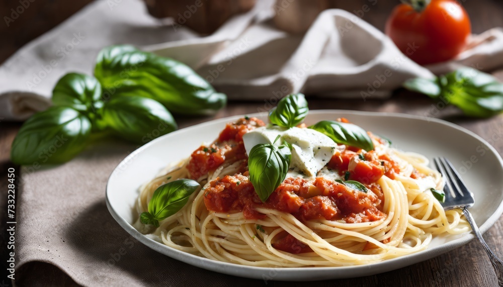 A plate of pasta with tomato sauce and basil