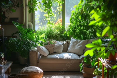 A living room filled with numerous green plants creating a lush and vibrant atmosphere.