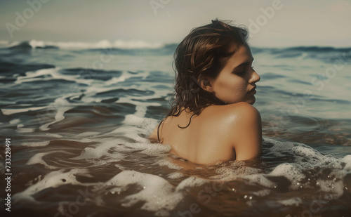 Portrait in dark key of sexy woman posing in sea.