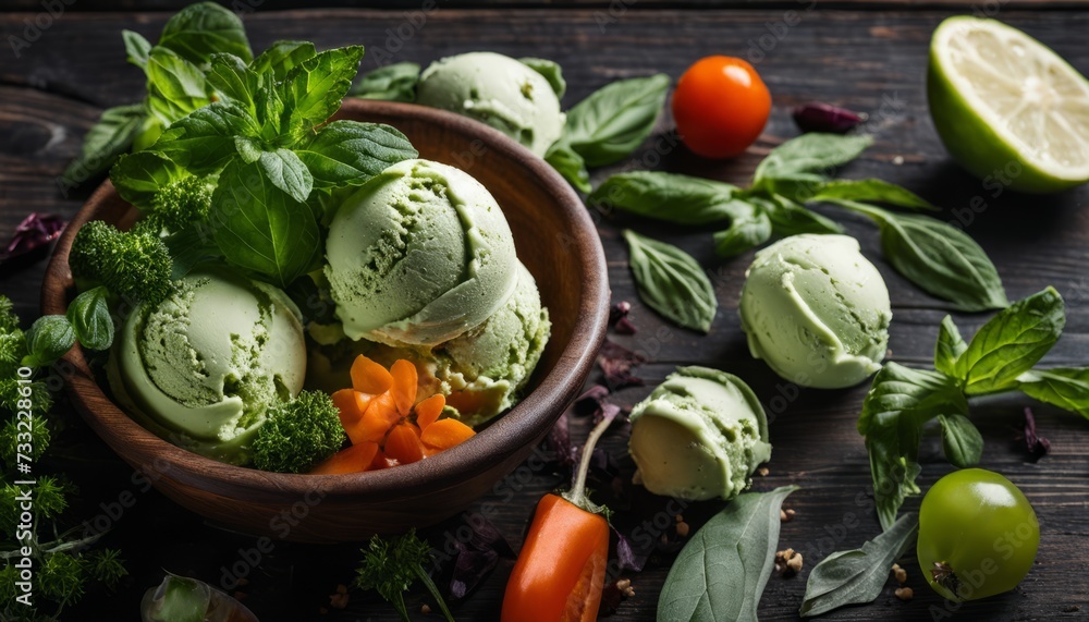 A bowl of green ice cream with a variety of vegetables and fruits A bowl of green ice cream with a variety of vegetables and fruits