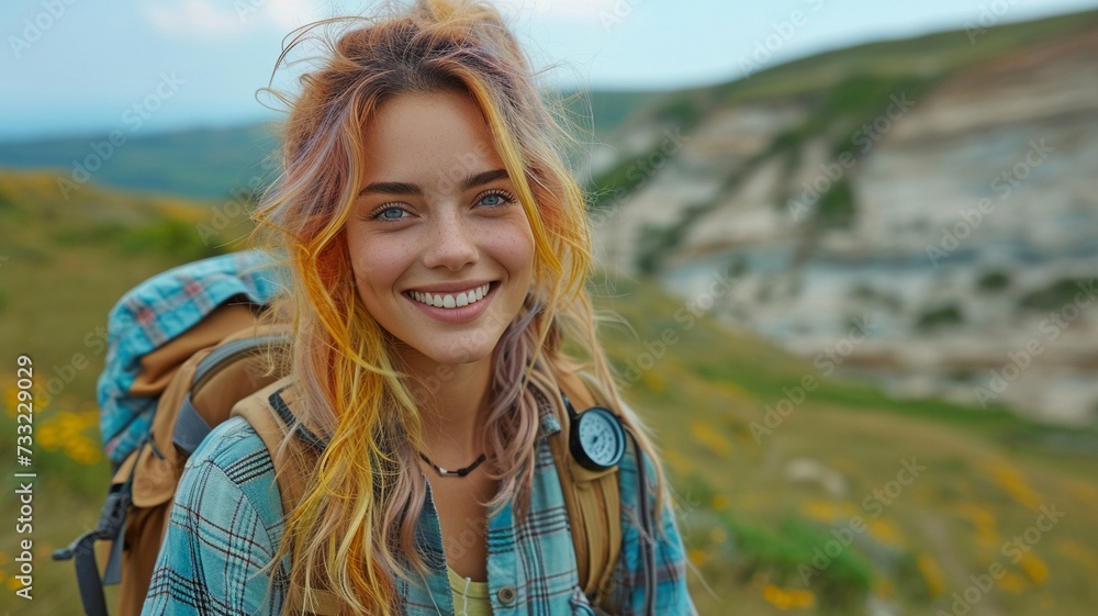 In the backdrop of the Caucasian scenery with a plateau, a hipster girl walked with a blogger wearing a plaid shirt and having multicolored hair while using a compass.