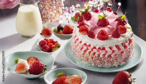 A cake with strawberries on top and a pitcher of milk