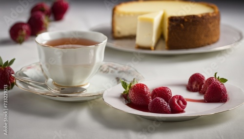 A white plate with a slice of cake and a cup of tea