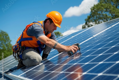 Solar panel technician with drill installing solar panels on house roof on a sunny day.