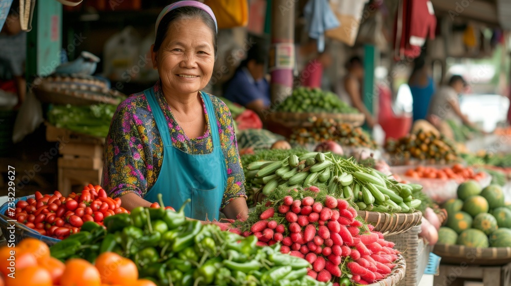 Capture the vibrancy of a farmers market: colorful stalls, fresh produce, smiling vendors interacting with customers
