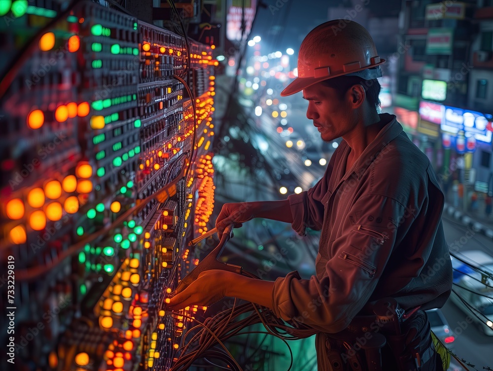 An electrician is repairing electricity with many wires. An electrician is repairing electricity with many wires.