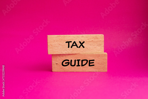 Tax guide words written on wooden blocks with pink background. Conceptual business symbol. Copy space.