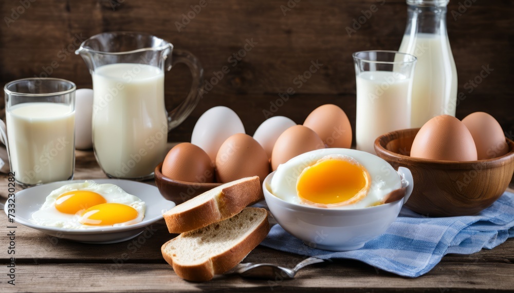 A wooden table with eggs, bread, milk and juice A wooden table with eggs, bread, milk and juice