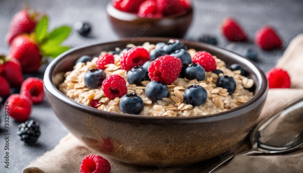 A bowl of granola with berries on top A bowl of granola with berries on top
