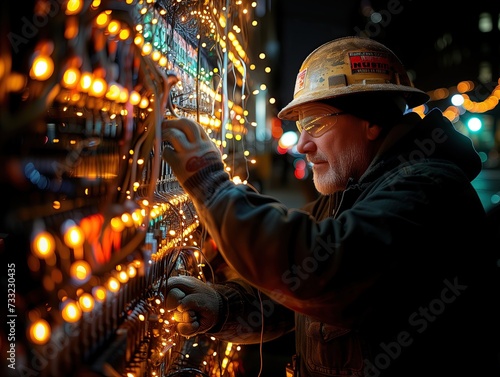 An electrician is repairing electricity with many wires.