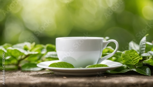 A white coffee cup on a saucer with green leaves in the background