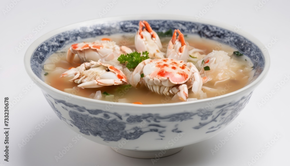 A bowl of soup with crab and vegetables A bowl of soup with crab and vegetables