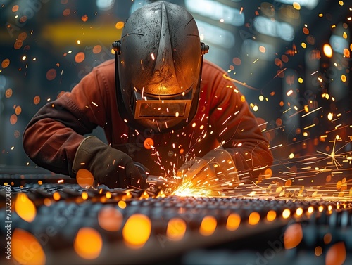 A blacksmith is welding steel while wearing protective equipment to protect him from sparks. © Pattarin