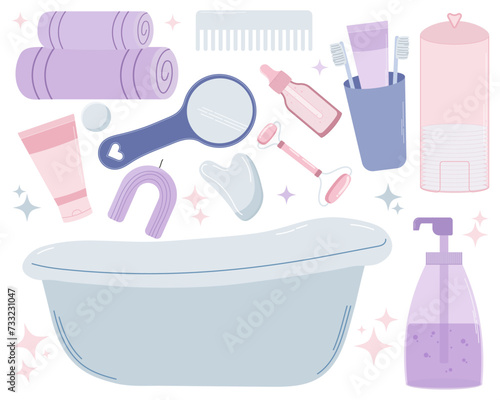 Vector set with decorations for the bathroom. Flat illustrations of toilet items in cartoon style isolated on white background