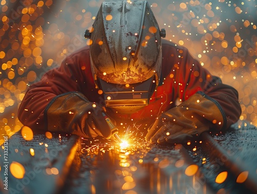 A blacksmith is welding steel while wearing protective equipment to protect him from sparks.