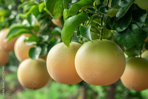 A cluster of ripe grapefruits hangs from the branches of a tree in a sunny orchard.