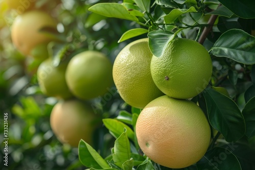 A cluster of oranges hanging from the branches of a tree in a garden.