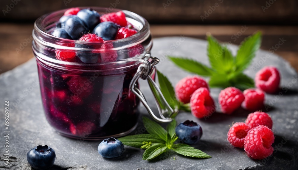 A jar of jam with blueberries and raspberries on top A jar of jam with blueberries and raspberries on top