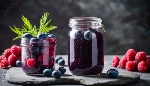 Two jars of jam, one with blueberries and the other with raspberries photo