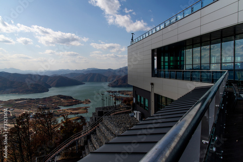 lake view with a big building on the mountain