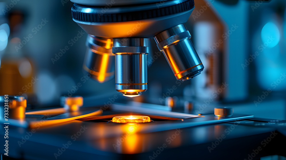 A microscope with a dark background and orange lights shining on it. A microscope with a dark background and orange lights shining on it.