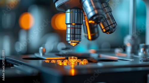 A microscope with a dark background and orange lights shining on it.